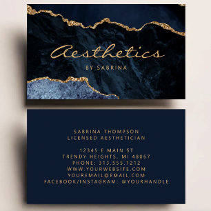 Cartão De Visita Esteticista Luxo Brilho Dourado Ágata Azul Marinho