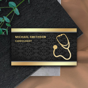 Cartão De Visita Estetoscópio Dourado de Damasco Preto Profissional