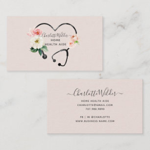 Cartão De Visita Estetoscópio Floral Aquarela Auxiliar de Saúde em