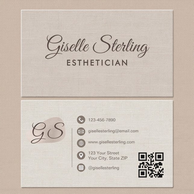 Cartão De Visita Esthetician Beige Linen Modern Elegant QR Code (Criador carregado)