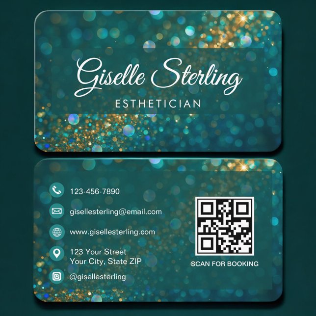 Cartão De Visita Esthetician Green Gold QR Code Professional (Criador carregado)