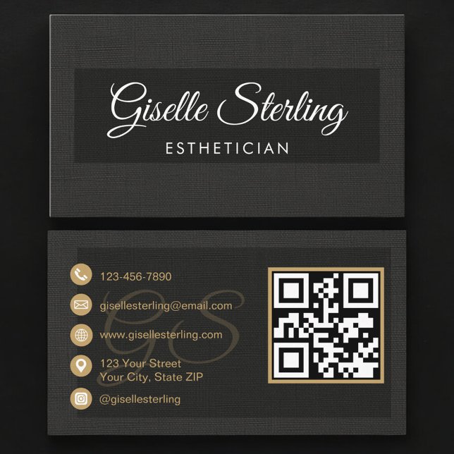 Cartão De Visita Esthetician QR Code Black Linen Luxury  (Criador carregado)