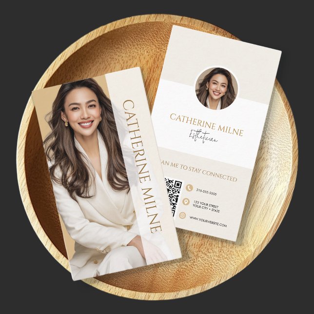 Cartão De Visita Estheticista Beautician Beige QR Code & Photo (Criador carregado)