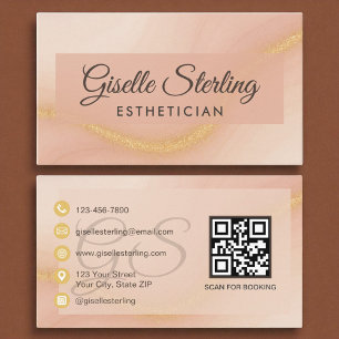 Cartão De Visita Estheticista Código QR Monograma Dourado com Aquar