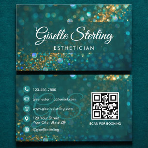 Cartão De Visita Estheticista Teal Dourado Glitter Código QR Luxo