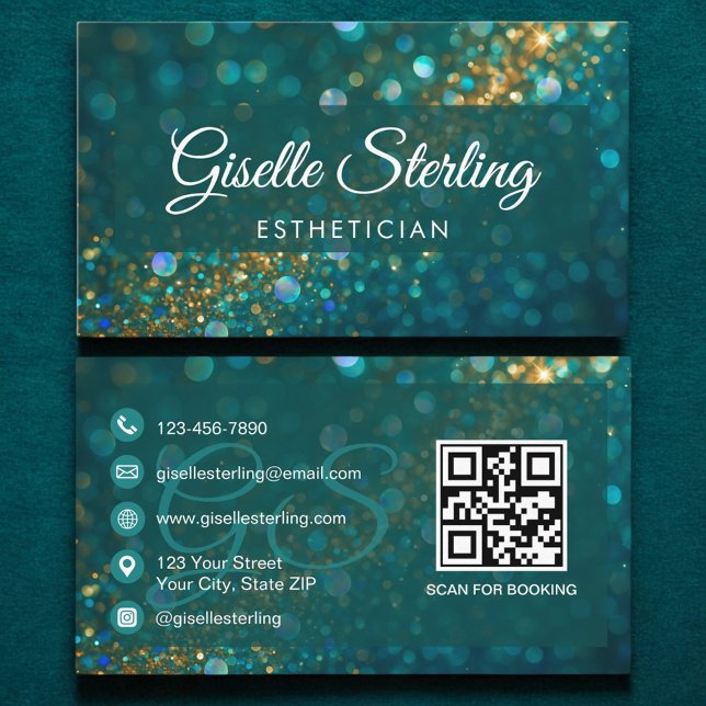 Cartão De Visita Estheticista Teal Dourado Glitter Código QR Luxo (Criador carregado)
