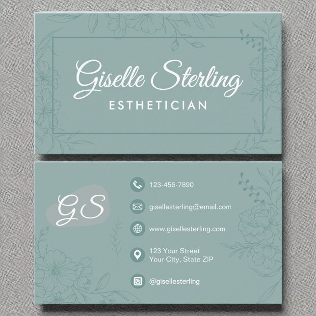 Cartão De Visita Estheticista Teal Floral Line Art Modern Script (Criador carregado)