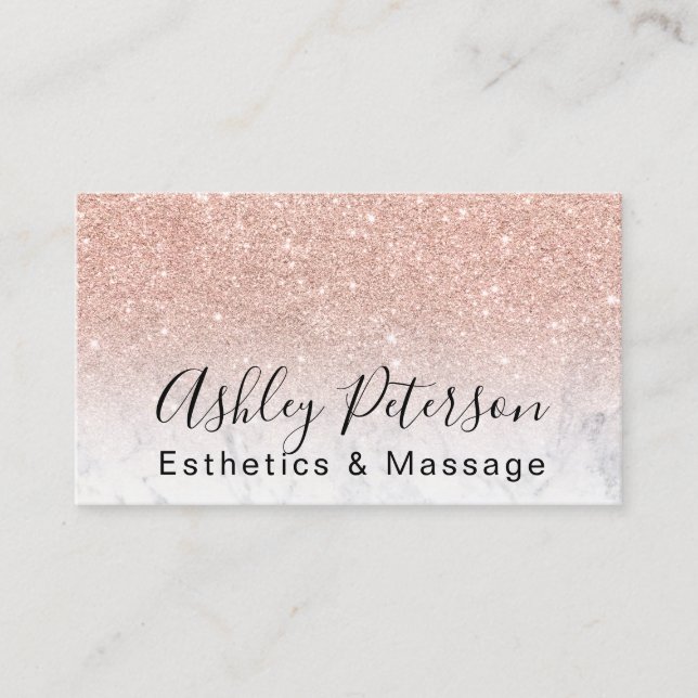 Cartão De Visita Esthetics massage script marble rosa gold glitter (Frente)