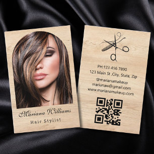 Cartão De Visita estilista de cabelo arco foto código qr madeira mi