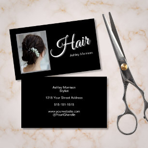 Cartão De Visita Estilista de Cabelo Moderno Elegante Script Preto