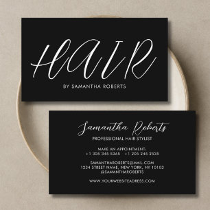 Cartão De Visita Estilista de cabelo moderno script preto e branco 