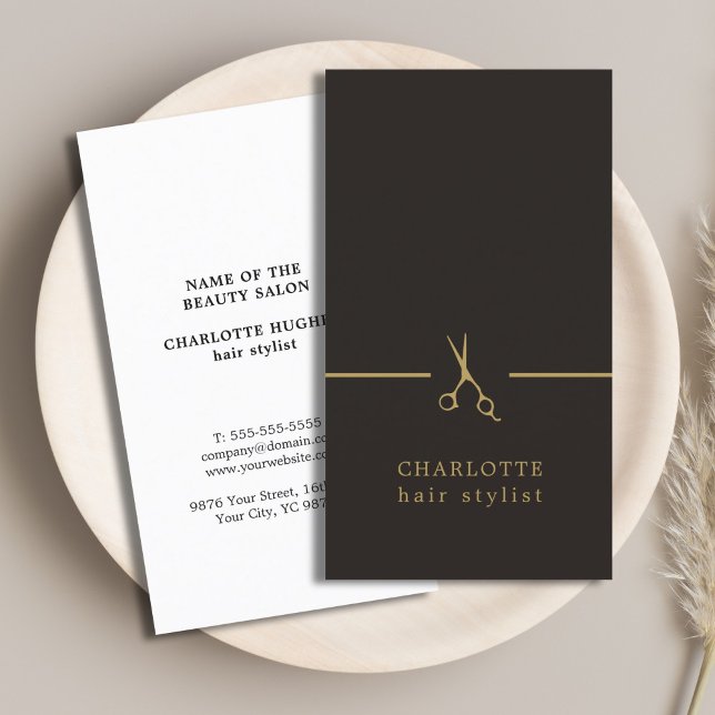Cartão De Visita Estilista Dourada de Cabelos Pretos Moderna e Eleg (Criador carregado)