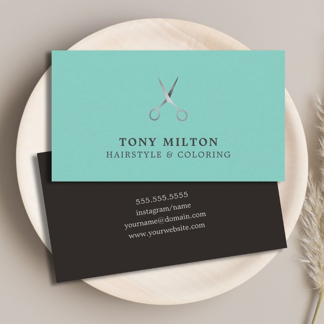 Cartão De Visita Estilo de Cabelo de Prata Negra Azul Elegante Mini (Criador carregado)