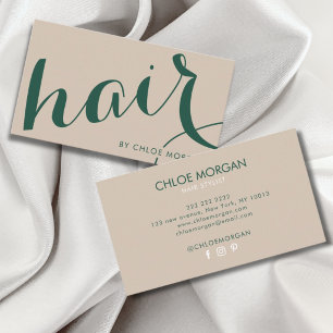 Cartão De Visita Estilo de cabelo moderno roteiro bege e verde