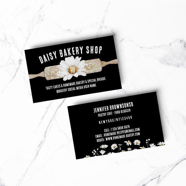 Cartão De Visita Estilo Russo Negro Culpa da Flor Daisy (BAKERY PASTRY CHEF COOK CAKE event planner business)