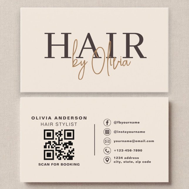 Cartão De Visita Estilos de Cabelo do Código QR Neutro Beige Modern (Criador carregado)