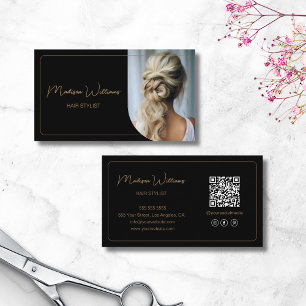 Cartão De Visita Estilos de Cabelo QR de Foto de Script Moderno Dou