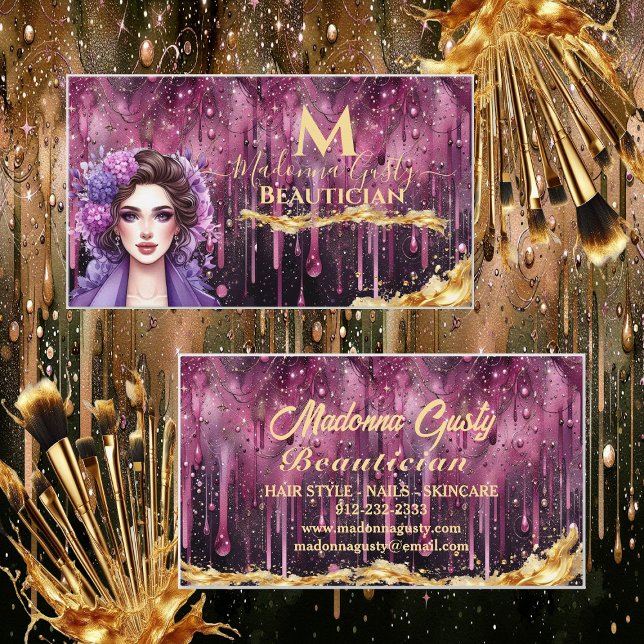 Cartão De Visita Estímulo de Cabelo de Bela Monograma Dourado Magen (Dripping Magenta Gold Monogram Beauty Hair Stylist Business Card)