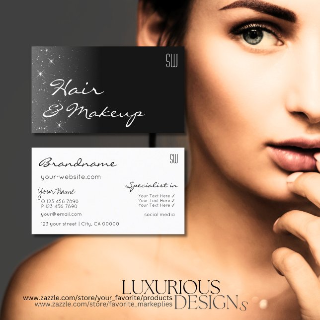 Cartão De Visita Estrelas brilhantes brancas e pretas com monograma (Criador carregado)