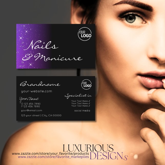 Cartão De Visita Estrelas brilhantes roxas pretas azuis com Na moda (Criador carregado)