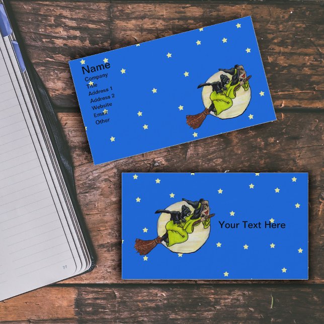 Cartão De Visita Estrelas de Lua de Bruxas Voadoras (Witch green dress flying past moon stars on broom with black cat on blue business cards.)