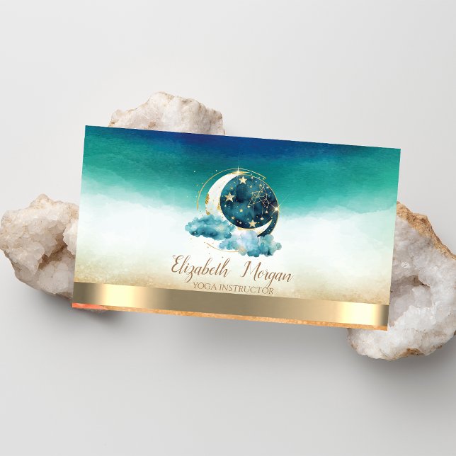 Cartão De Visita Estrelas Douradas da Lua Celestial Verde (Criador carregado)