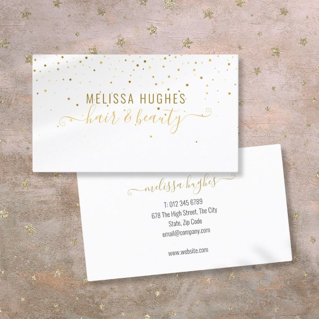 Cartão De Visita Estrelas Douradas Modernas Elegantes Rótulo Estilo (Elegant Modern Gold Stars Stylish Script Business Card)