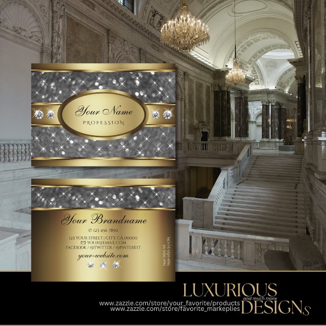 Cartão De Visita Estrelas e Diamantes de Prata Dourada Elegante (Criador carregado)