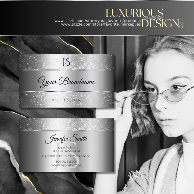 Cartão De Visita Estrelas e Iniciais de Luxo Silver Sparkle (Criador carregado)