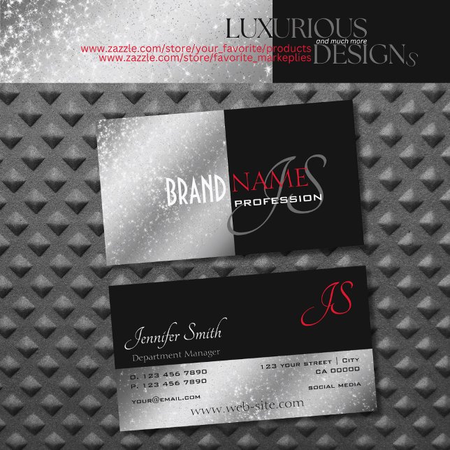 Cartão De Visita Estrelas e Iniciais Nobres Red Silver Glittery (Criador carregado)