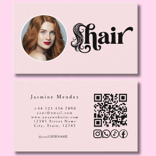 Cartão De Visita Estúdio de Cabelo Código QR Foto Rosa Bege