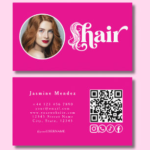 Cartão De Visita Estúdio de Cabelo Código QR Foto Rosa Quente