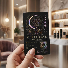 Cartão De Visita Estúdio de Cabelos Celestial Luxo Preto Dourado QR