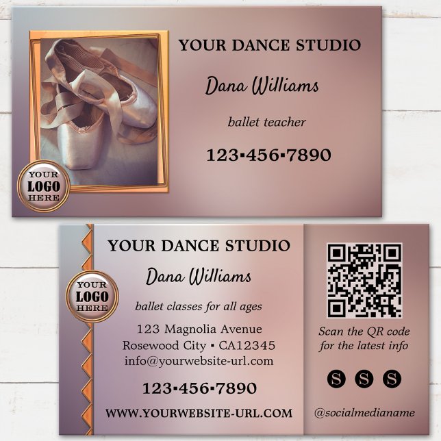 Cartão De Visita Estúdio de Dança de Ballet Moderno (Ballet dance business card featuring pointe shoes on an artistic design - with logo, QR code, media)