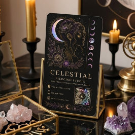 Cartão De Visita Estúdio de Piercing Celestial Luxo Preto Ouro QR