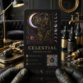Cartão De Visita Estúdio de Tatuagem Celestial Luxo Preto Dourado Q