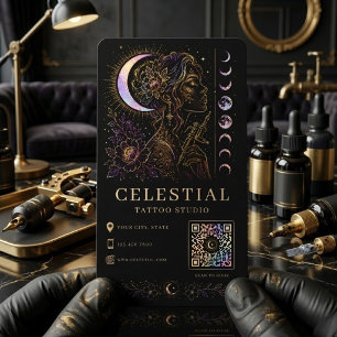Cartão De Visita Estúdio de Tatuagem Celestial Luxo Preto Dourado Q