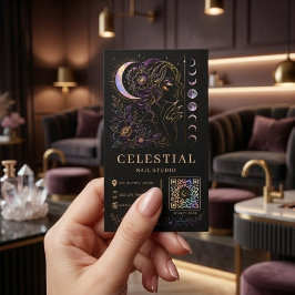 Cartão De Visita Estúdio de Unhas Celestiais Luxo Preto Dourado QR