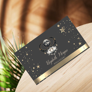 Cartão De Visita Estúdio de Yoga Lotus Cinza Estrelas Douradas Lua