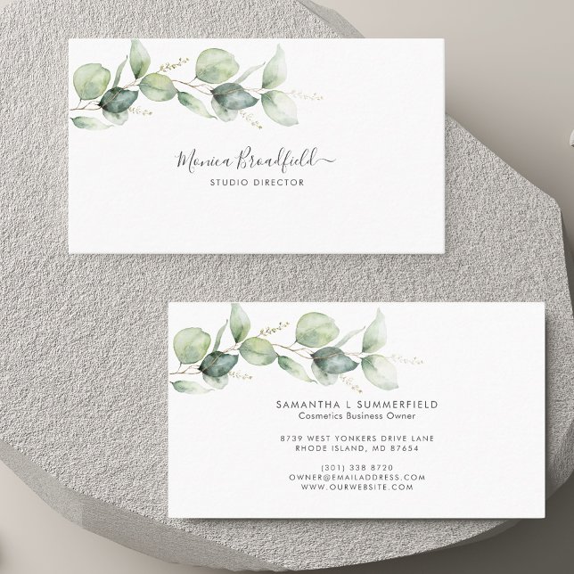 Cartão De Visita Eucalyptus Foliage Elegant Script Watercolor (Eucalyptus Foliage Elegant Script Watercolor Business Card)