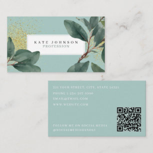 Cartão De Visita Eucalyptus Greenery e Código QR Dourado