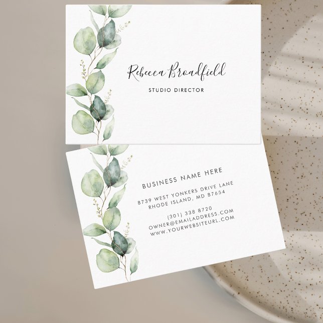 Cartão De Visita Eucalyptus Greenery Elegante Script Beauty and Hai (Minimalist Eucalyptus Greenery Mighty Business Card)