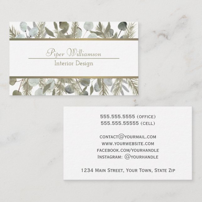 Cartão De Visita Eucalyptus & Pine Sage & Dourada Feminina Clássica (Frente/Verso)