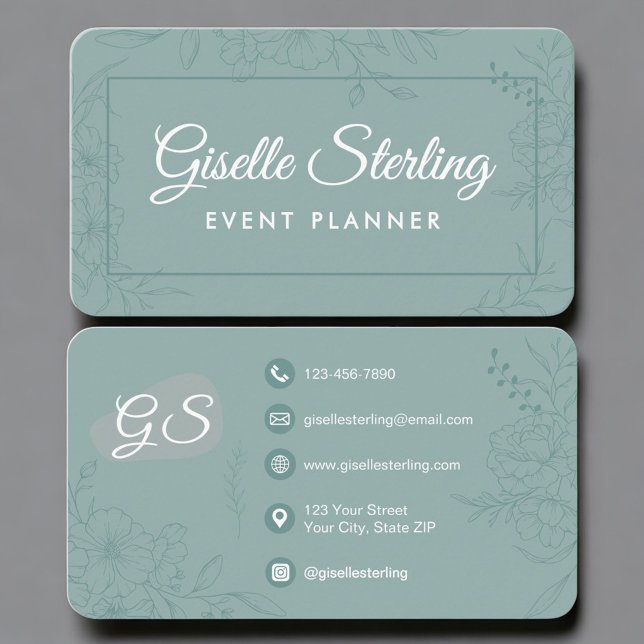 Cartão De Visita Event Planner Green Teal Floral (Criador carregado)