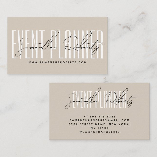 Cartão De Visita Event planner modern typography script beige (Frente/Verso)