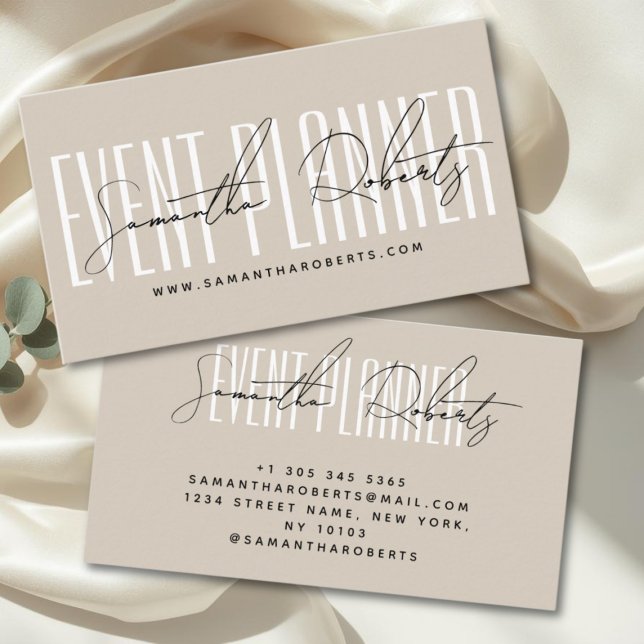 Cartão De Visita Event planner modern typography script beige (Criador carregado)