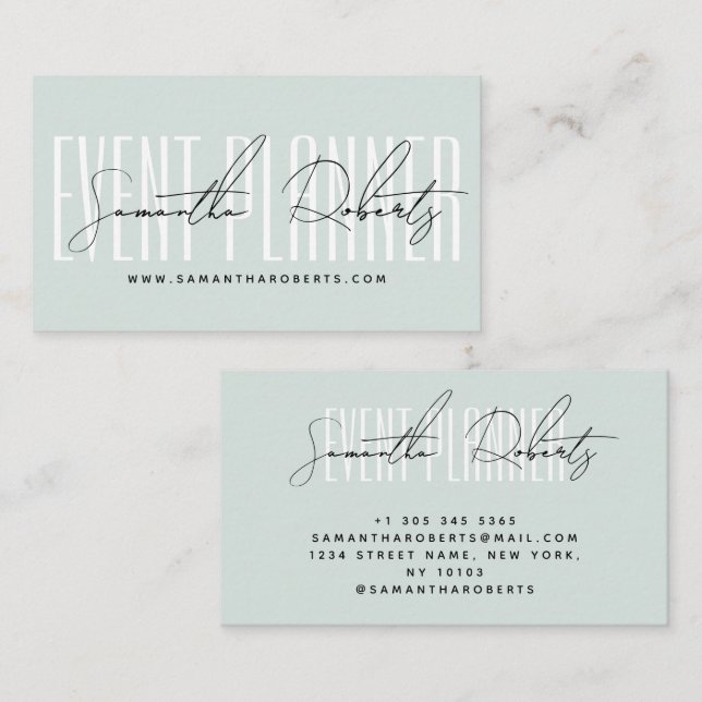 Cartão De Visita Event planner modern typography script blue (Frente/Verso)