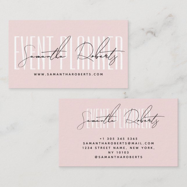 Cartão De Visita Event planner modern typography script blush pink (Frente/Verso)
