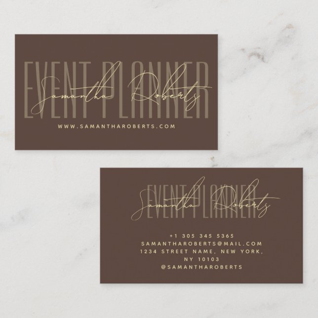 Cartão De Visita Event planner modern typography script brown (Frente/Verso)