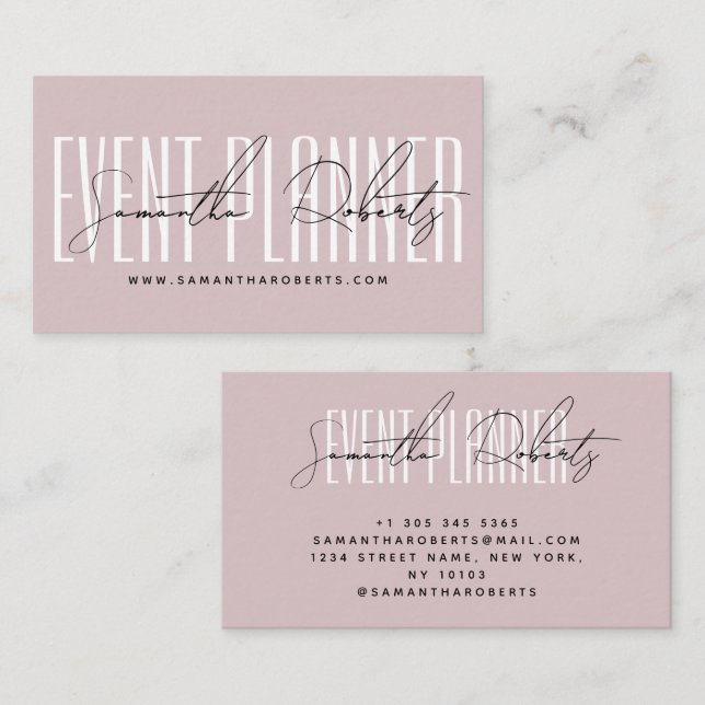 Cartão De Visita Event planner modern typography script dusty pink (Frente/Verso)